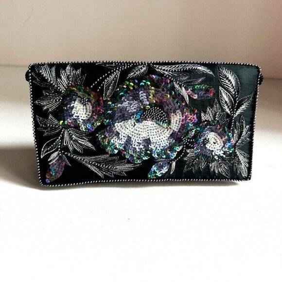 Vintage dark grey Blue beaded Sequin Embellished  Evening Clutch Crossbody - Picture 1 of 7